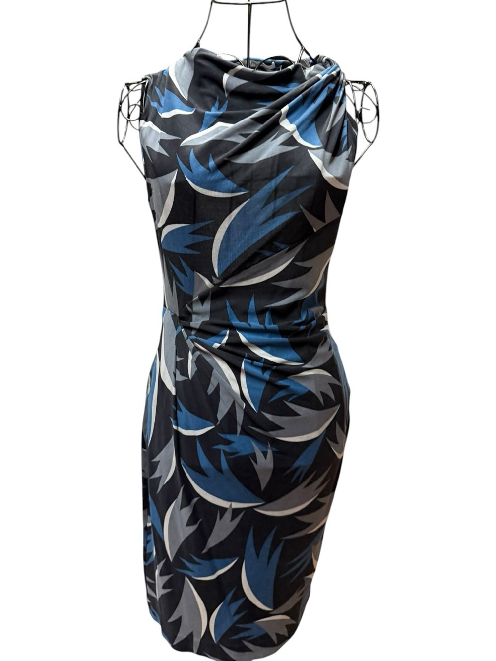 Diane Von Furstenberg Blue, Black & Gray Cowl Neck Midi Dress